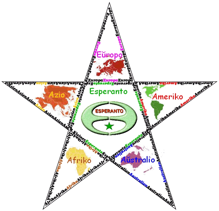 Esperanto-Stern mit Kontinenten und Esperanto-Ei
