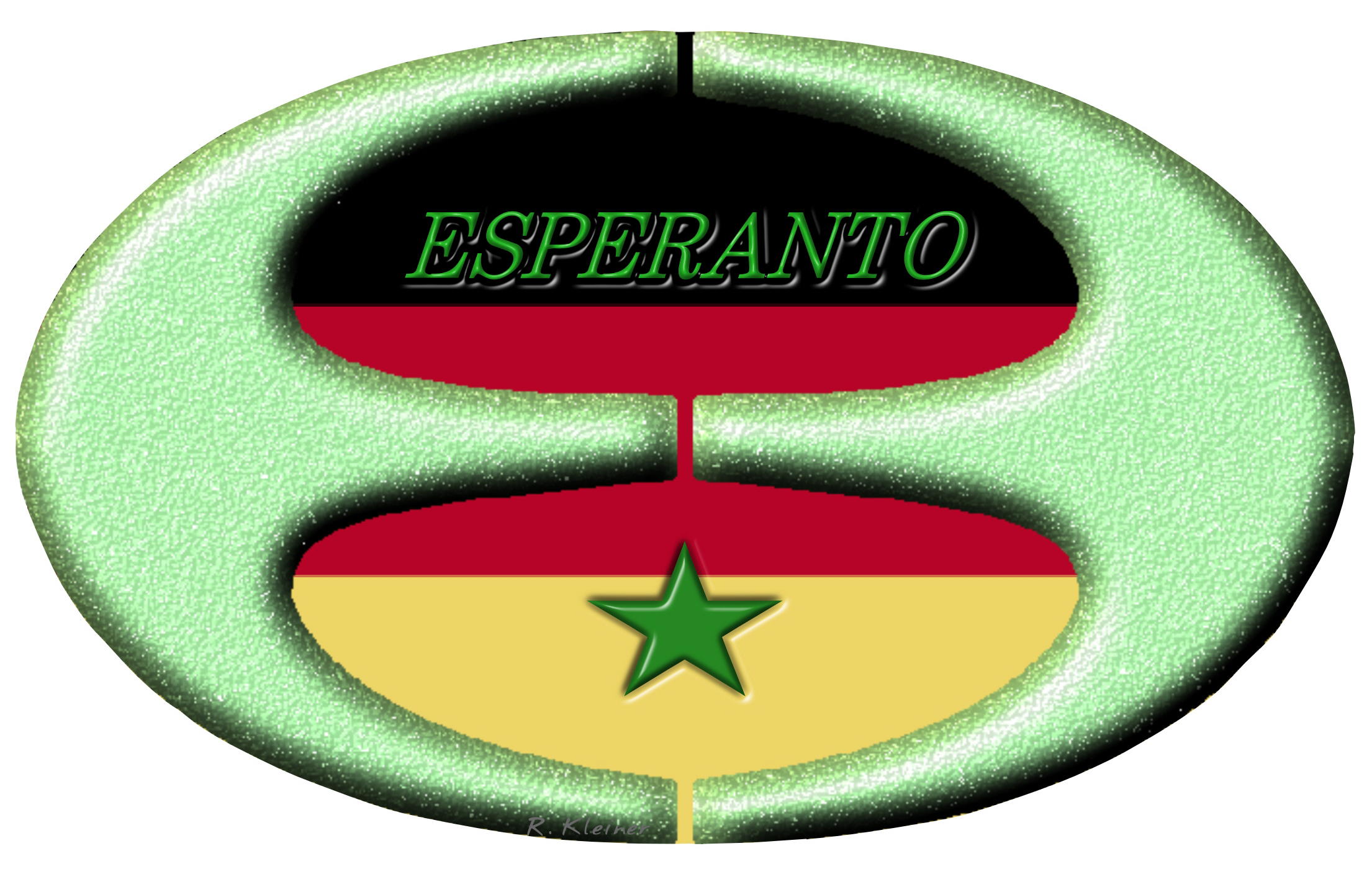 Esperanto-Ei mit Schrift und Stern und deutscher Fahne im Hintergrund
